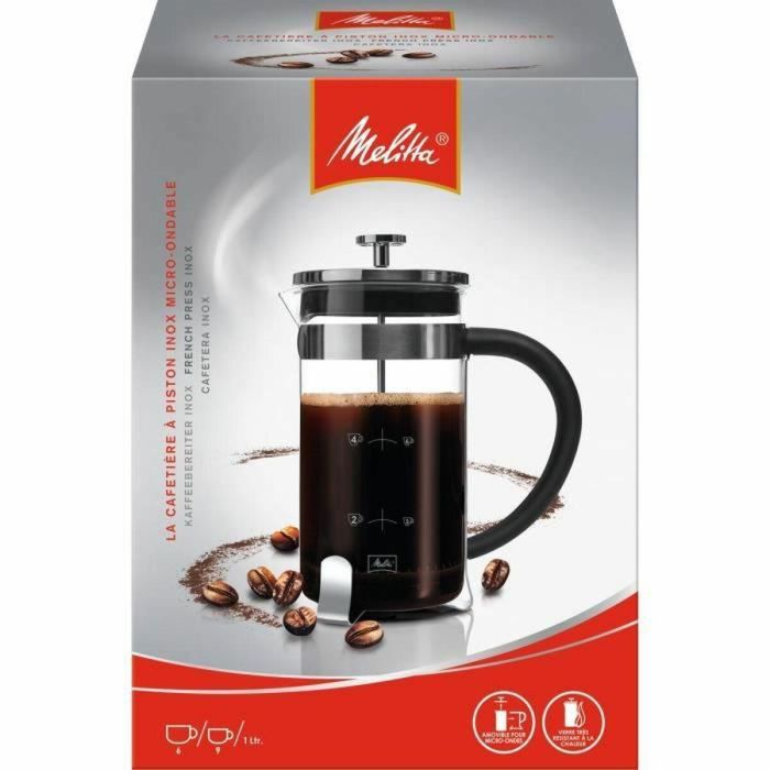 Melitta Cafetera de Pistón Premium 8 tazas Vidrio y Acero Inoxidable - Resistente al Calor, Filtro Acero, Apta Microondas 1