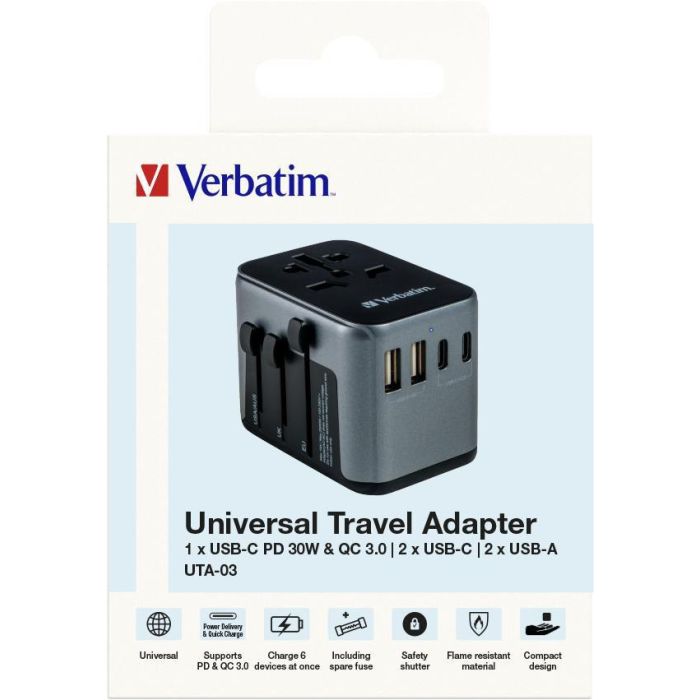Verbatim Uta-03 Adaptador Universal De Viaje Con 1 Puerto Usb-C - 2 Puerto Usb-A - 2 Puerto Usb-C 8