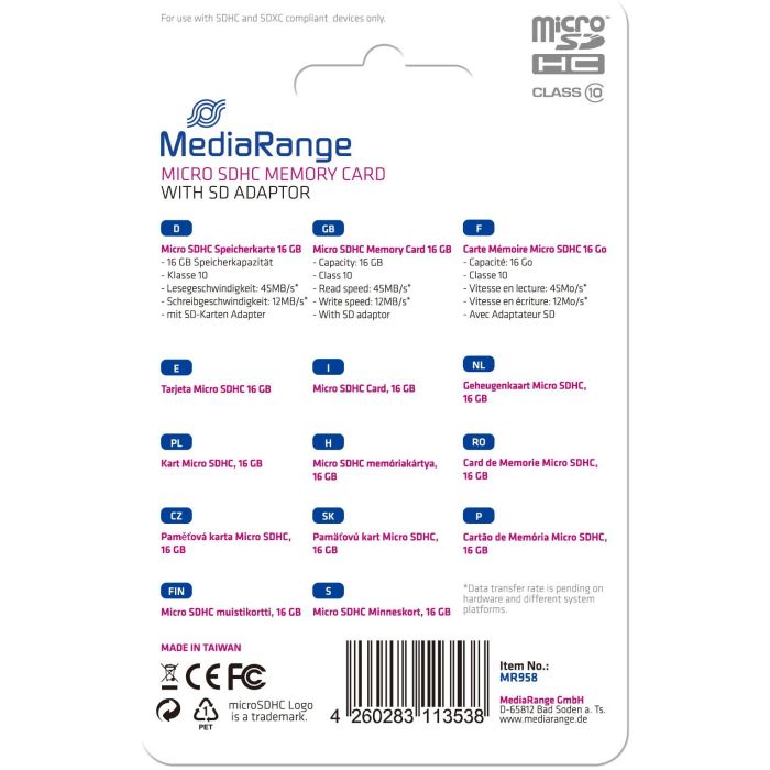 MediaRange MR958 Tarjeta MicroSDHC de 16 GB Clase 10 Negra con Adaptador SD 1