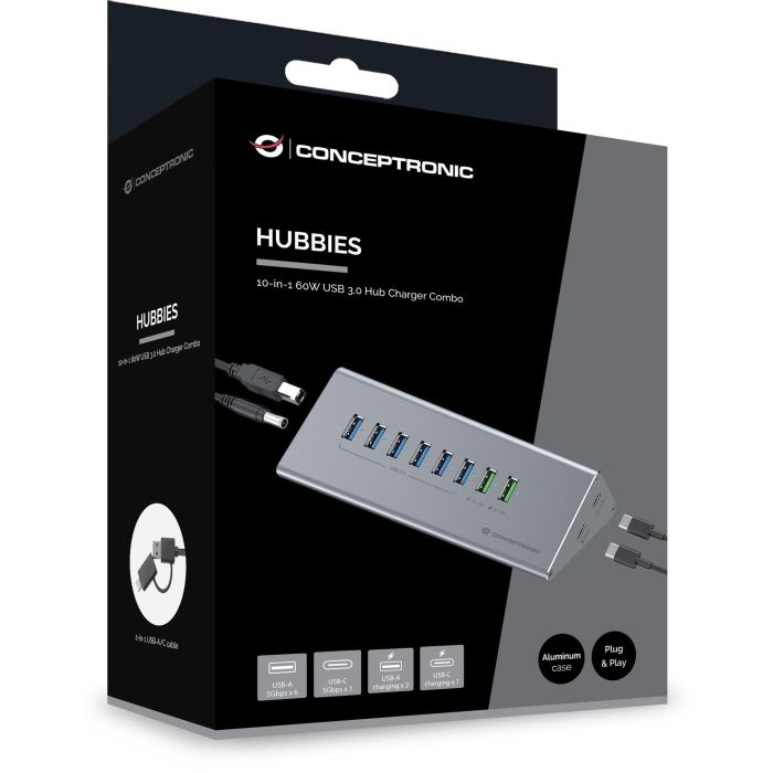 Conceptronic HUBBIES18G Hub USB-A 3.0 / USB-C con 6 x USB-A 3.0 y Ethernet Gigabit Gris 3