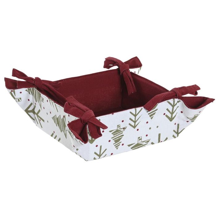 DKD Home Decor Cesta de Navidad Alpina de Algodón Decorativa para Hogar con Diseño de Árboles Verde y Rojo 30x30x8 cm