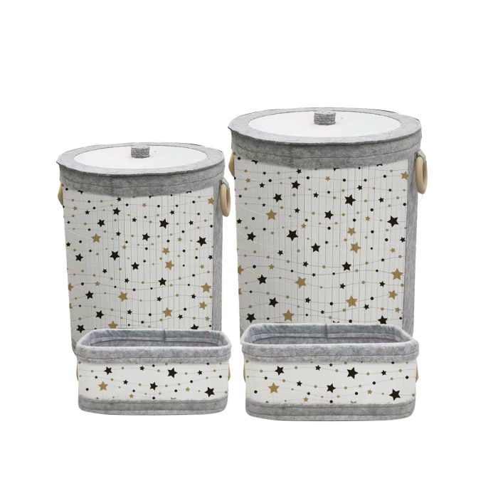 DKD Home Decor Cesta de Bambú y Fieltro Set de 4 con Estrellas, Blanco, Gris, Dorado, Negro 36 x 50 x 36 cm
