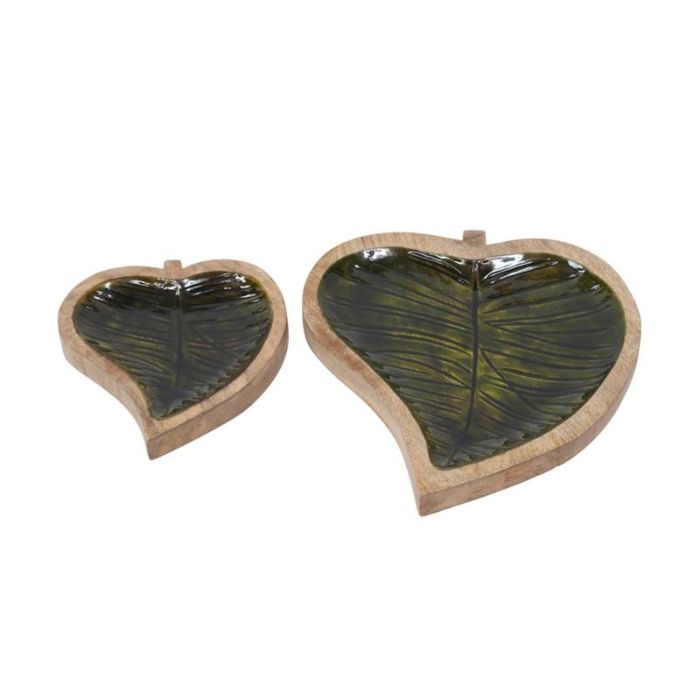 DKD Home Decor Centro de Mesa Hoja Tropical Mango Esmaltado Verde Natural 30x30x2.5 cm Set de 2
