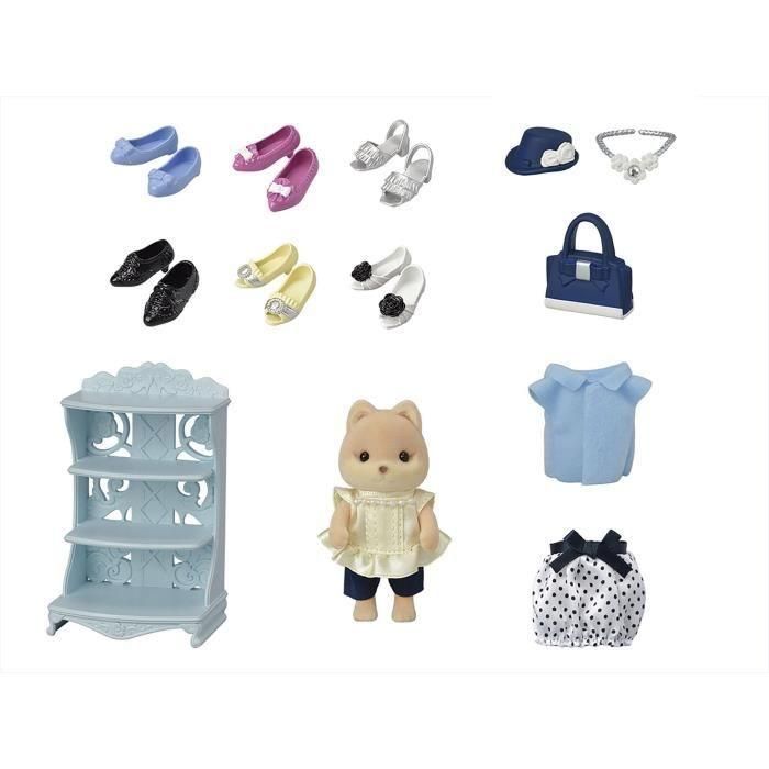 Sylvanian Families Maleta de Moda de Hermana Mayor Perro Caramelo con Estante para Zapatos y Ropa, Juego de Rol para Niños +3 Años 1