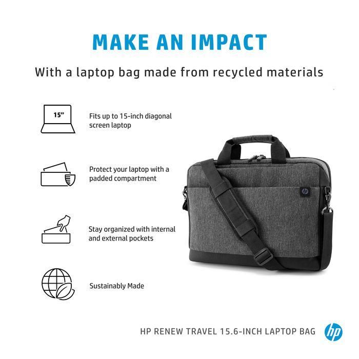HP Bolso para Portátil de Viaje Renew 15.6'' - Fabricado con Materiales Sostenibles Reciclados, Compartimentos Organizadores 2 HP Bolso para Portátil de Viaje Renew 15.6'' - Fabricado con Materiales Sostenibles Reciclados, Compartimentos Organizadores 2