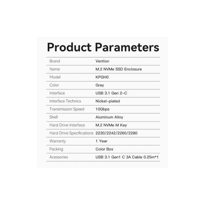 Caja Externa para Disco SSD M.2 NVMe Vention USB Tipo-C  KPGH0/ USB 3.1 Gen2/ Sin tornillos 2
