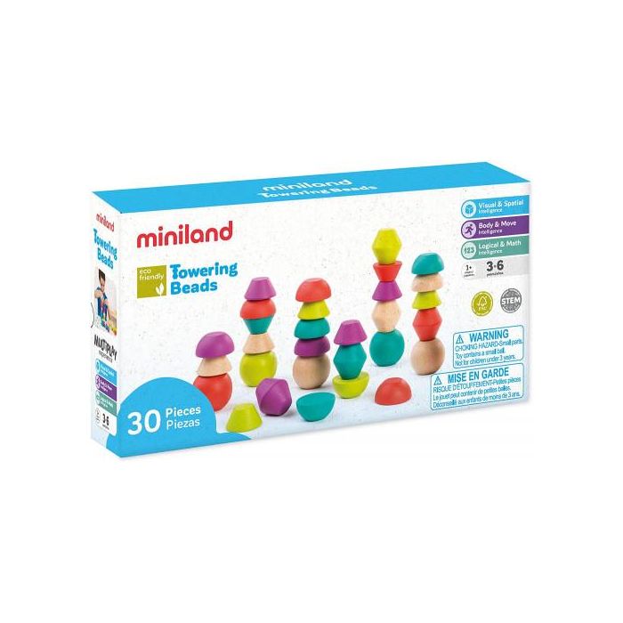 Miniland Juego Towering Beads Piezas de Madera para Trabajar la Lógica Didáctico