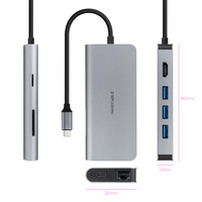 Hub USB NANOCABLE Hub 8en1 Gris 18 cm 8