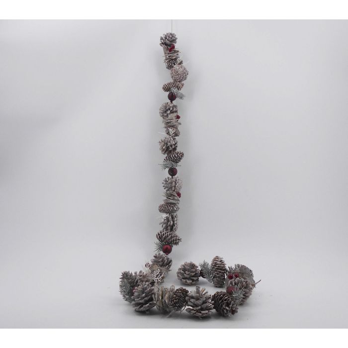 DKD Home Decor Guirnalda Decorativa de Navidad Estilo Alpino Blanco Rojo con Piñas 150 cm de Largo (Set de 2 Unidades)