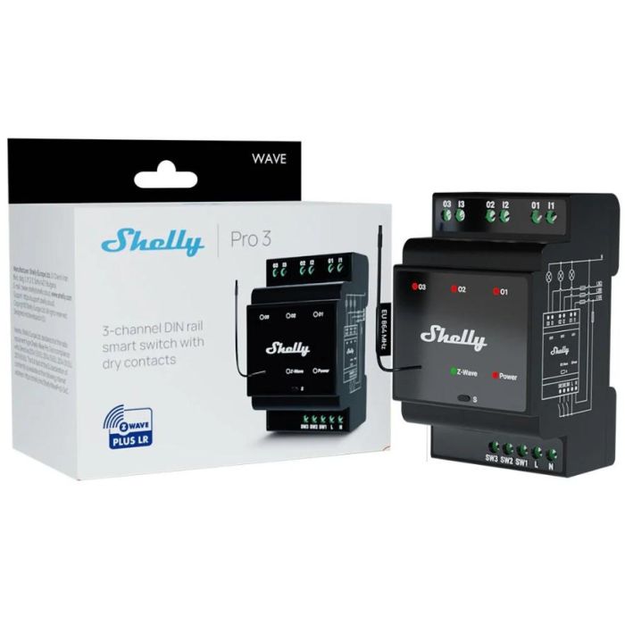 Shelly Relais "Wave" Hutschiene Pro 3 Relais max. 48 A 3 Phasen 3x 16A Z-Wave 2 Shelly Relais "Wave" Hutschiene Pro 3 Relais max. 48 A 3 Phasen 3x 16A Z-Wave 2
