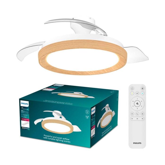 Philips Bliss Ventilador de Techo con Aspas Retráctiles y Luz LED 3 CCT (Blanco/Dorado, Ø106 cm) - Modelo Bliss, Luz Nocturna, Motor DC Silencioso, Mando a Distancia