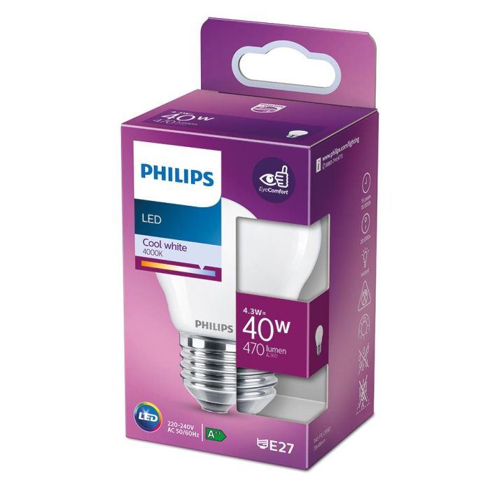 Bombilla esferica led e27 4,3w 470lm 4000k luz dia ø4,5x7,8cm philips 1