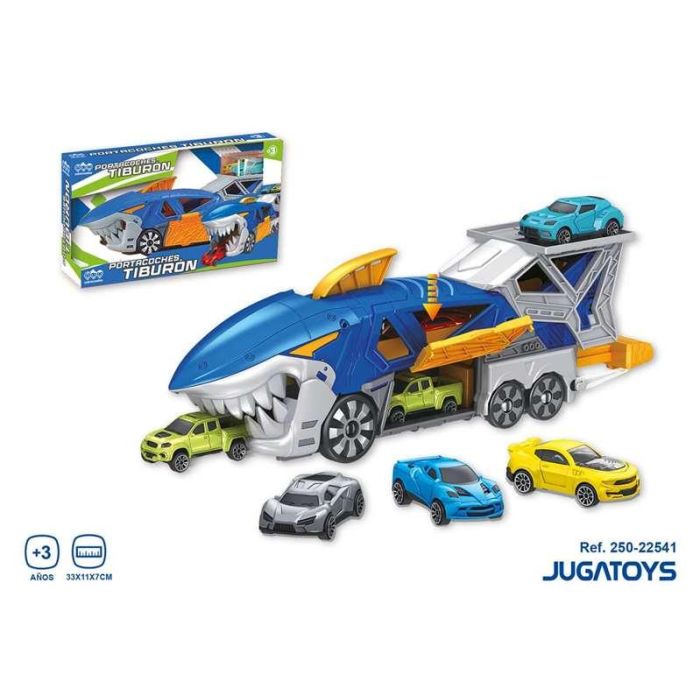 Camión tiburón portacoches, incluye 3 coches, 33x11x7cm 1