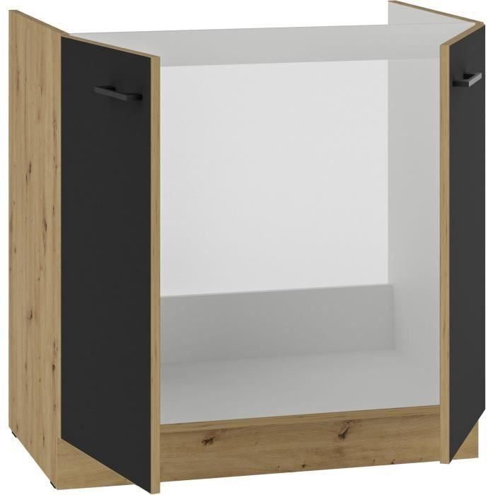 Mueble bajo fregadero - MODENA - 80 cm - 2 puertas batientes - Roble artesanal y negro mate - CUISINIER 1