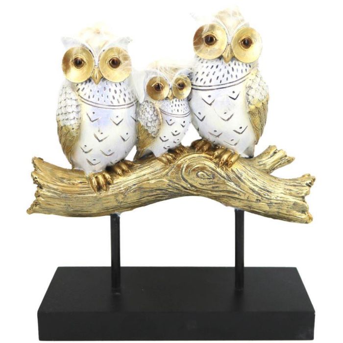 DKD Home Decor Figura Decorativa Tradicional Búhos en Tronco de Resina Dorado Blanco para Hogar 9x26x24 cm
