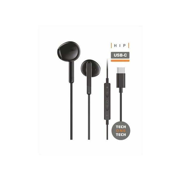 Tech One Tech Auriculares Eartech Negros con Micrófono y USB-C, Sonido Estéreo, Compatibles con Apple, Android y Windows