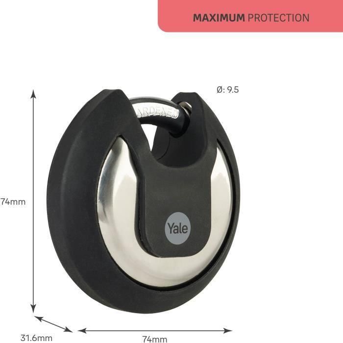 Candado de disco de acero inoxidable - YALE - Y130B/70/116/1 - 70 mm - Arco protegido de acero cementado - 3 llaves 3 Candado de disco de acero inoxidable - YALE - Y130B/70/116/1 - 70 mm - Arco protegido de acero cementado - 3 llaves 3