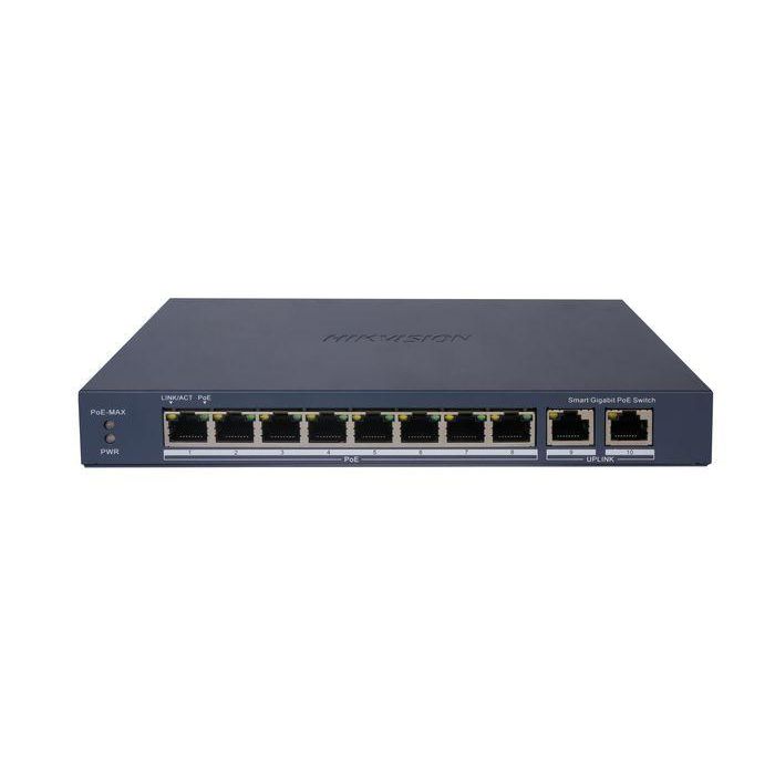 Hikvision Switch L2 Smart Gestionable 8 puertos PoE Gigabit + 2 RJ45 Gigabit, 110W, HPP Cloud