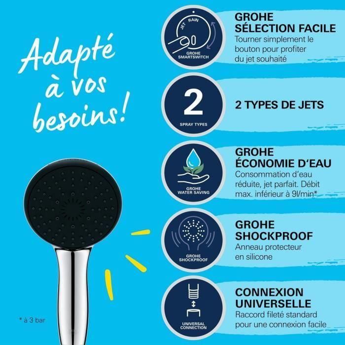 Rociador de ducha - GROHE Vitalio Start 110 27946001 - 2 chorros (Lluvia/Estimulante) - Ahorro de agua - Proceso antical - Cromo 2 Rociador de ducha - GROHE Vitalio Start 110 27946001 - 2 chorros (Lluvia/Estimulante) - Ahorro de agua - Proceso antical - Cromo 2