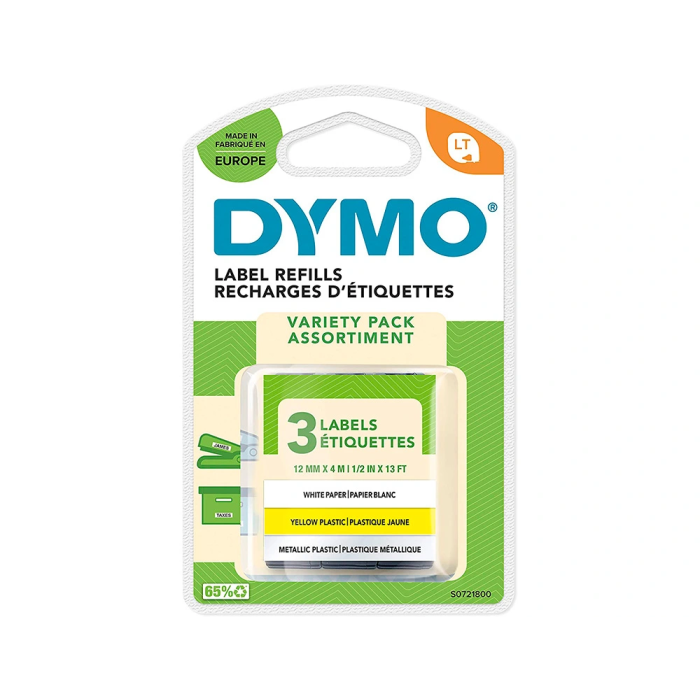 Dymo Cinta Metalizada LetraTag 12mm x 4m Pack 3 Rollos: Papel Blanco, Plástico Amarillo y Plata Metalizado 1