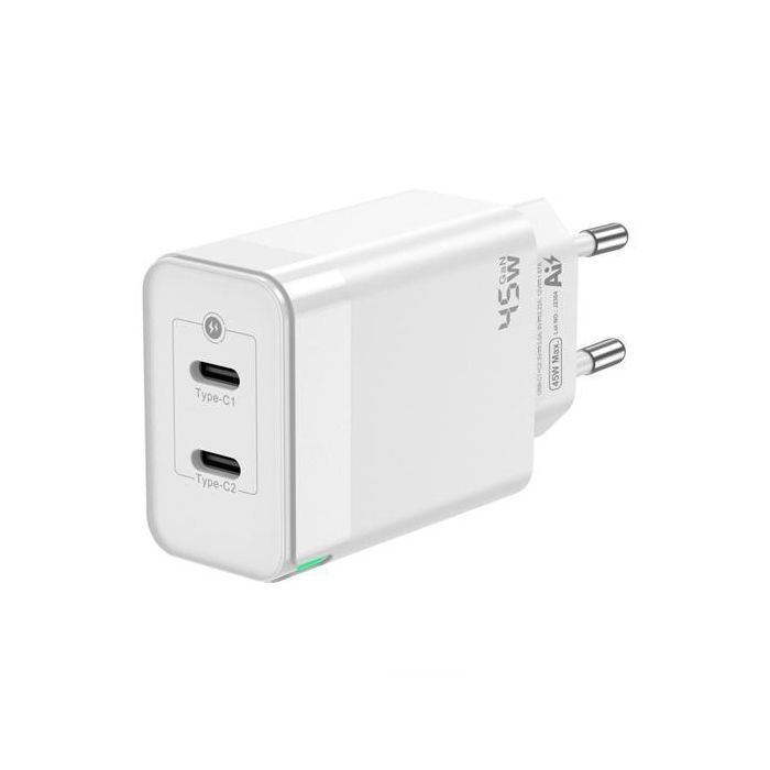 Aisens Cargador GaN 45W 2xUSB-C PD3.0 QC4.0 Blanco