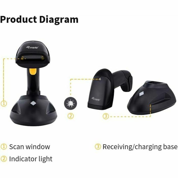 Equip Lector Código Barras Inalámbrico 1D - Escáner Portátil Alta Velocidad 200 lect/s, Alcance 200m, IP54, Negro 3