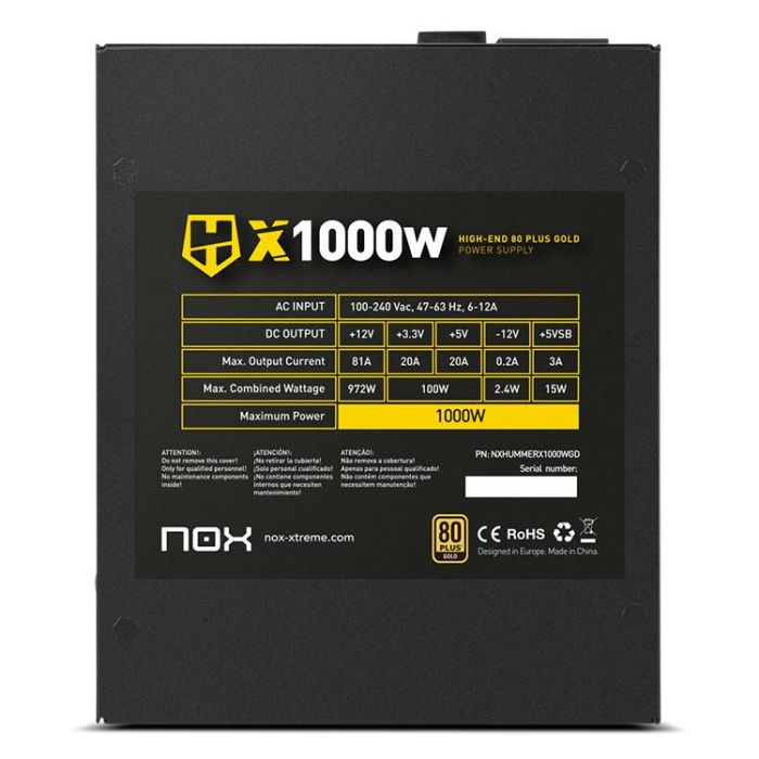 FUENTE ALIMENTACION 1000W NOX HUMMER X PFC-ACTIVO 80+GOLD MODULAR 12CM ATX 6