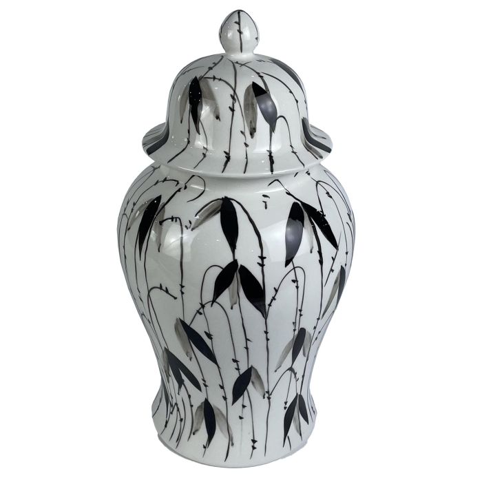 DKD Home Decor Tibor Oriental de Porcelana Blanco y Negro con diseño de Hojas 22x42x22 cm
