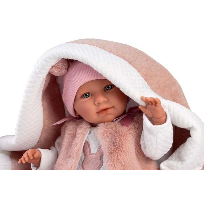 Llorens Muñeca recién nacida llorona Mimi con capazo rosa tacto suave 40 cm cuerpo tela 4