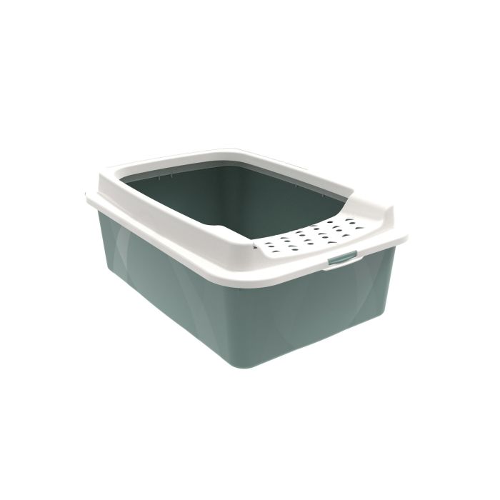 Rotho Mypet Bonnie Eco Bandeja de Arena para Gatos Grandes, Blanco Verde Salvia, Baja Altura, Borde Alto, Plástico Reciclado, Fácil Limpieza