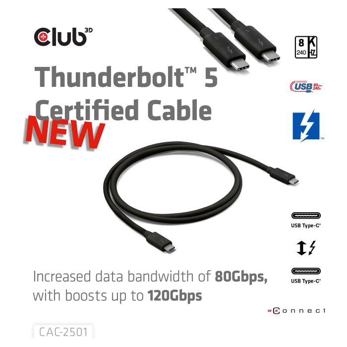 Club 3D CAC-2501 Cable Thunderbolt 5 Certificado 8K 240Hz / 80Gbps / 120Gbps 1m Negro 1
