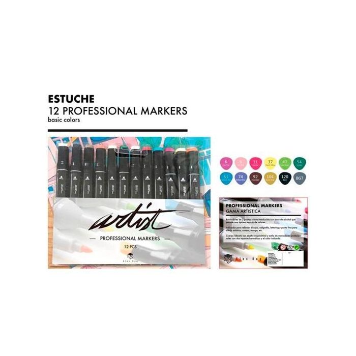Alex Bog Rotuladores Gama Artist Doble Punta Fina-Biselada Estuche 12 Ud C-Surtidos Básicos