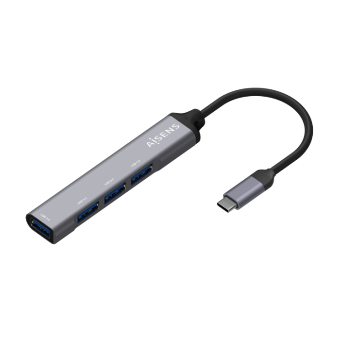AISENS HUB USB 3.1 USB-C aluminio, USB-C/M-4xtipo A/H, gris, 10cm