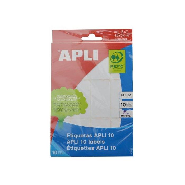Apli Etiquetas Adhesivas Blancas 26x54 mm, Pack de 10 Hojas (120 etiquetas), Escritura Manual