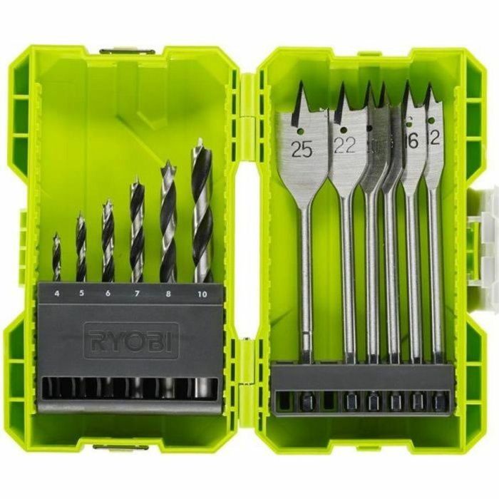 Ryobi Caja para taladro de madera apilable 12 accesorios (6 taladros + 6 mechas planas) 0 Ryobi Caja para taladro de madera apilable 12 accesorios (6 taladros + 6 mechas planas) 0
