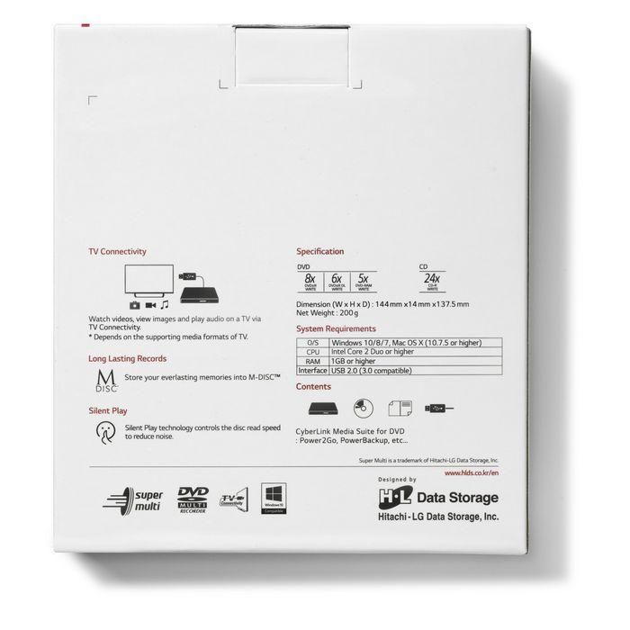 LG 8x DVD+/-R Write, M-DISC, Silent Play, Super Multi, Win 10, MAC OS, USB 2.0, 141 x 136.5 x 14 mm, 200 g, White, Retail 6 LG 8x DVD+/-R Write, M-DISC, Silent Play, Super Multi, Win 10, MAC OS, USB 2.0, 141 x 136.5 x 14 mm, 200 g, White, Retail 6