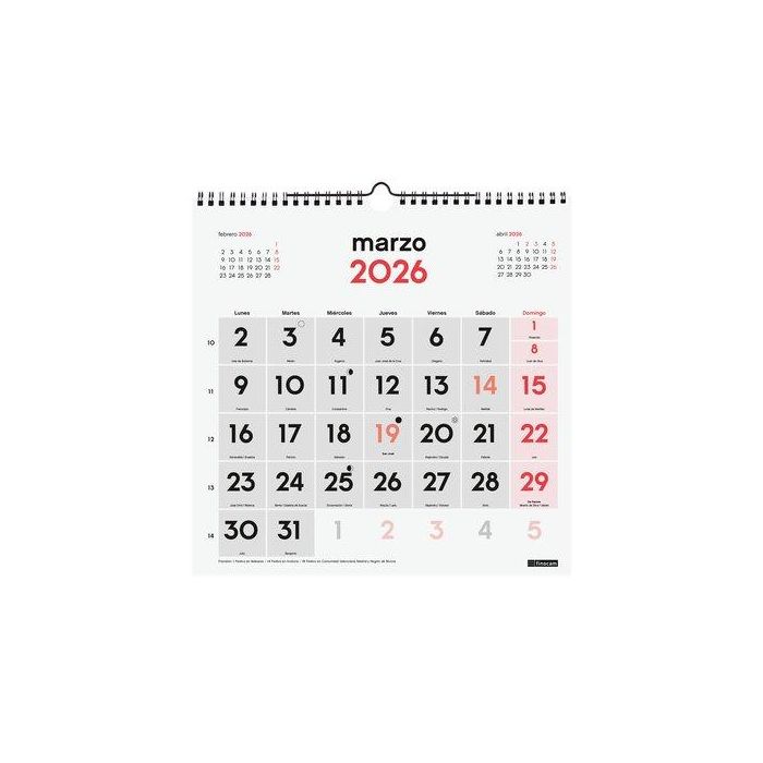 Finocam Calendario de Pared Números Grandes 30x30 cm Mv Neutro 2026 Anual con Espiral y Colgador para Oficina/Hogar