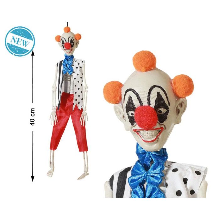 Figura Esqueleto de Payaso con Pompones Naranjas y Pantalón Rojo - Decoración Halloween Circo Macabro 40 cm