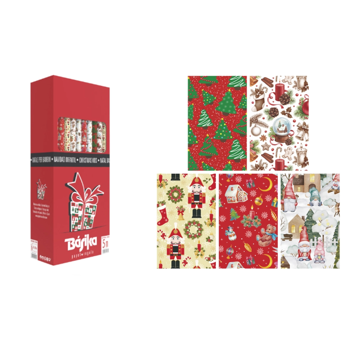 Basika Papel de Regalo Navidad Diseños Surtidos Rollo 70 cm Ancho x 5 m Largo Gramaje 60 gr 1