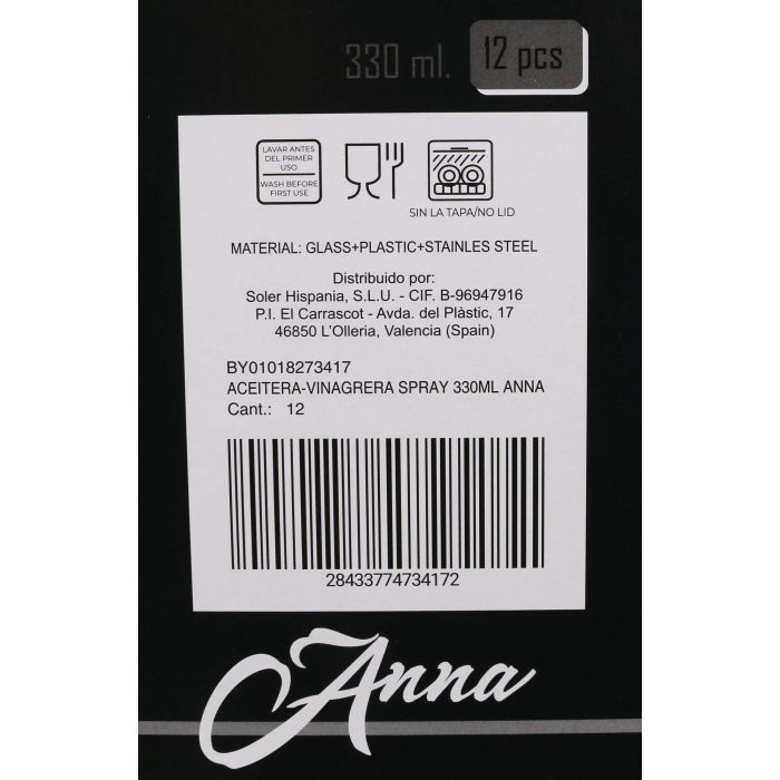 Anna Aceitera Vinagrera Spray 330 ml, 6.8 x 20.5 x 6.8 cm (12 Unidades) 9
