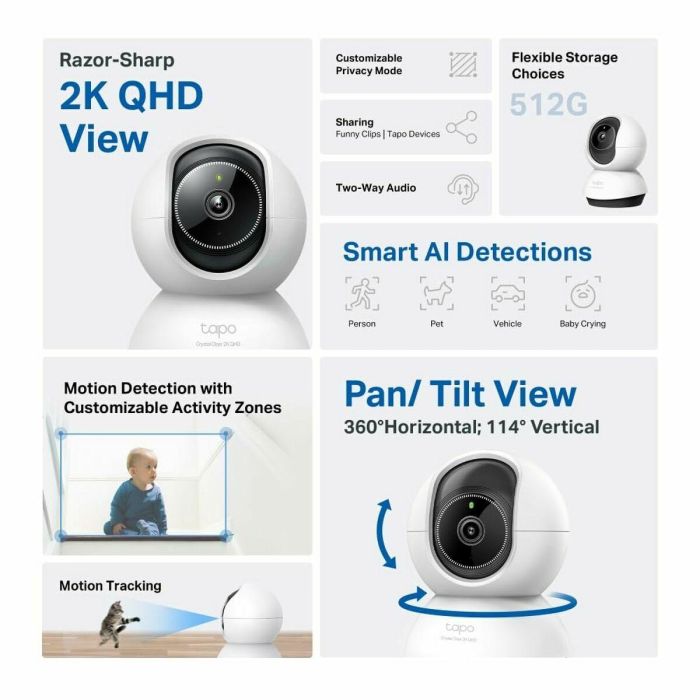 Tp - link Tapo TC72 Cámara Seguridad WiFi 360° 2K, Visión Nocturna, Detección IA, Alarma Luz/Sonido, Control Voz 13