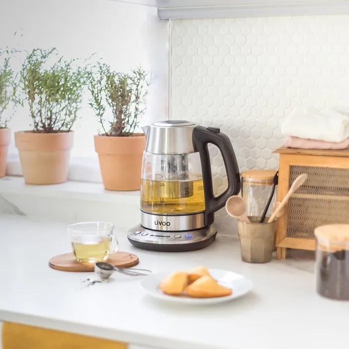 Livoo DOD165 Tetera Hervidor Eléctrico Inalámbrico Gris Temperatura Ajustable Mantenimiento Calor Base 360 Infusor Filtro Apagado Automático 2