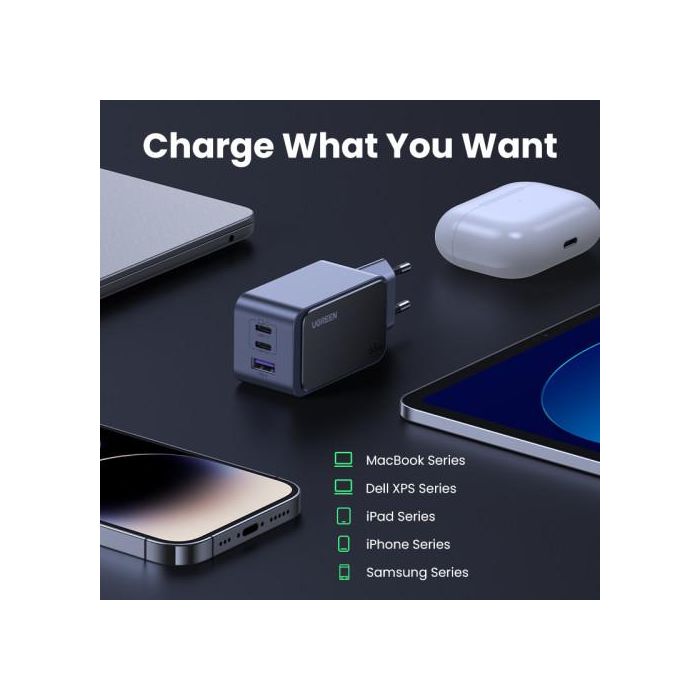 UGREEN 35042 Cargador Nexode Air 65W, 2x USB-C, 1x USB-A, Carga Rápida, Gris