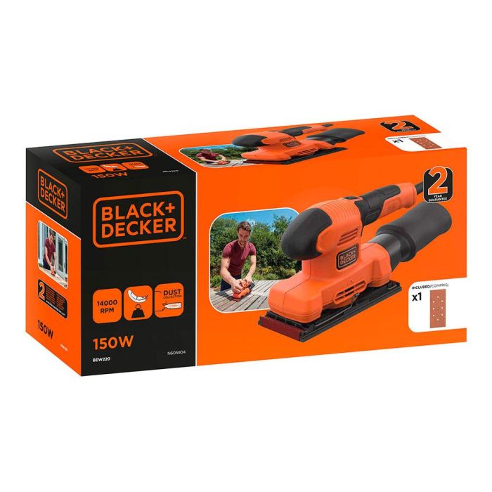 Black+Decker Lijadora Orbital BEW220-QS 150W de 1/3 para Grandes Superficies, Velocidad 14.000rpm, Cable 2m 1