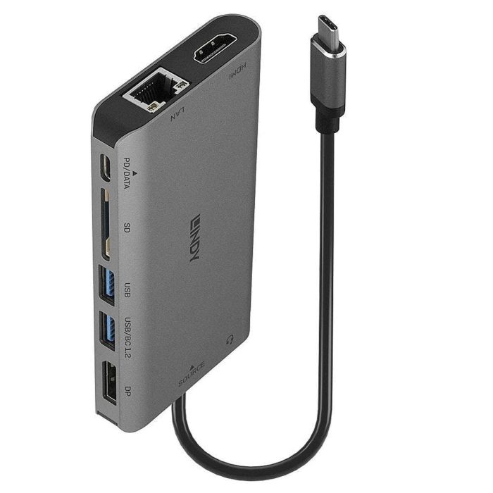 Lindy DST-Mini XT Estación Docking USB-C para Portátil con Salida de Vídeo HDMI/DisplayPort 4K/Doble 1080p y Carga Pass-Through 100W