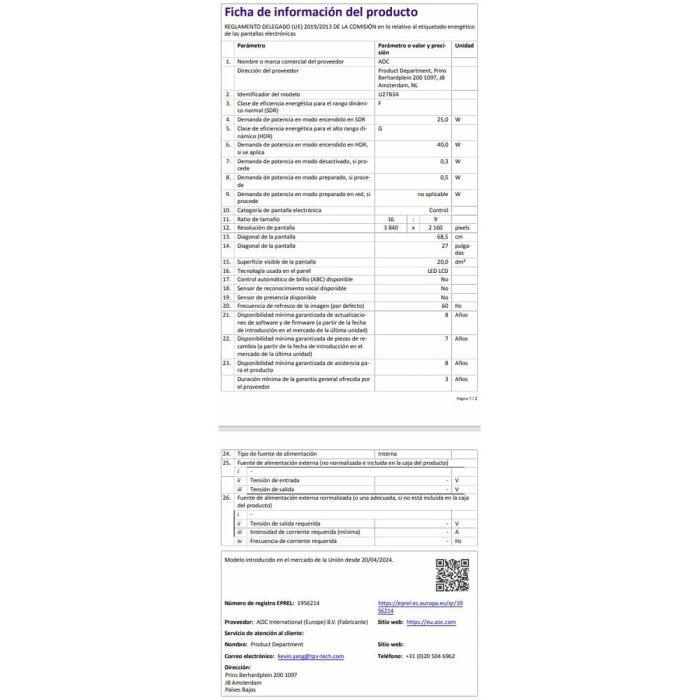 Monitor Gaming AOC U27B3A 27" 4K Ultra HD 28