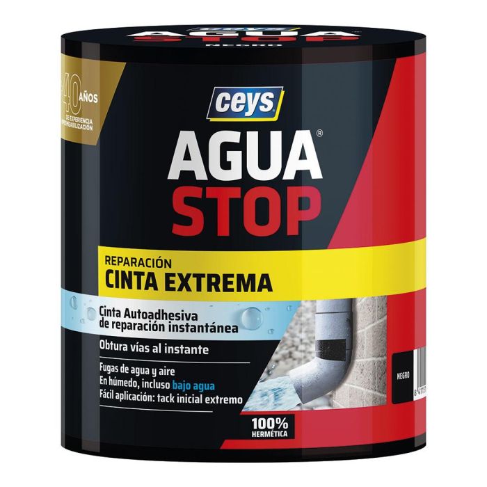 Ceys Agua Stop Cinta Extrema Negra, Autoadhesiva, Reparación Instantánea para Fugas de Agua y Aire, 10 cm x 1,5 m