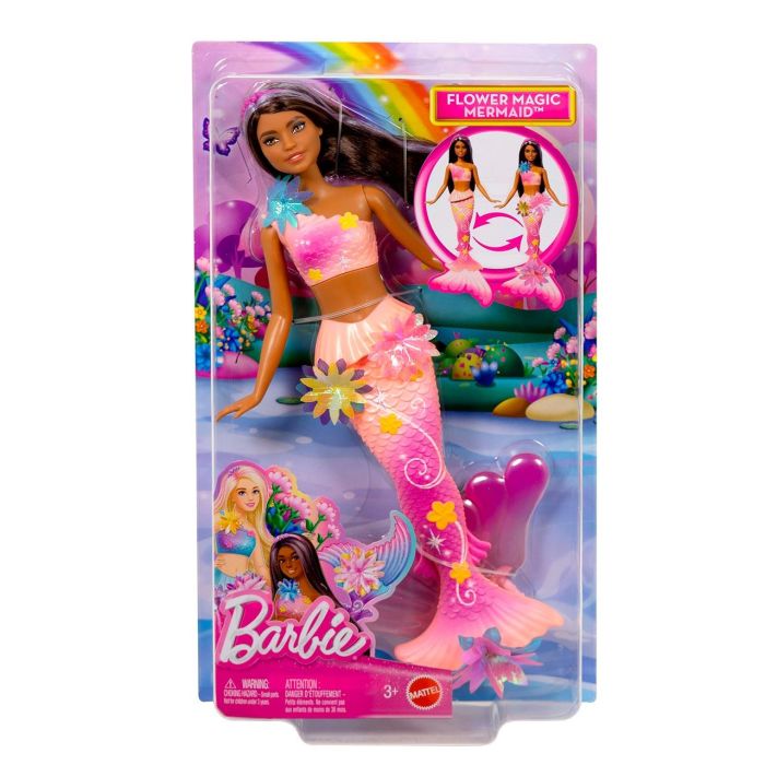 Barbie Jdm73 Muñeca Sirena Florece Morena con Flores Mágicas que Salen de la Aleta, Cabello Castaño con Mechas Moradas y Diadema de Perlas. 1