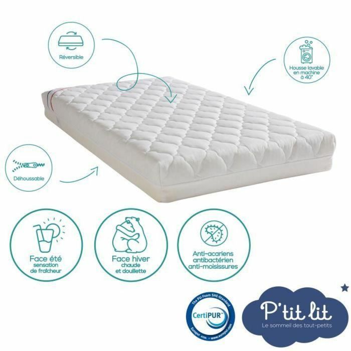P'Tit Lit PTI1708547031804 Colchón para bebé climatizado 70x140x10 cm Reversible Funda desenfundable Antiácaros Fabricado en Francia 1
