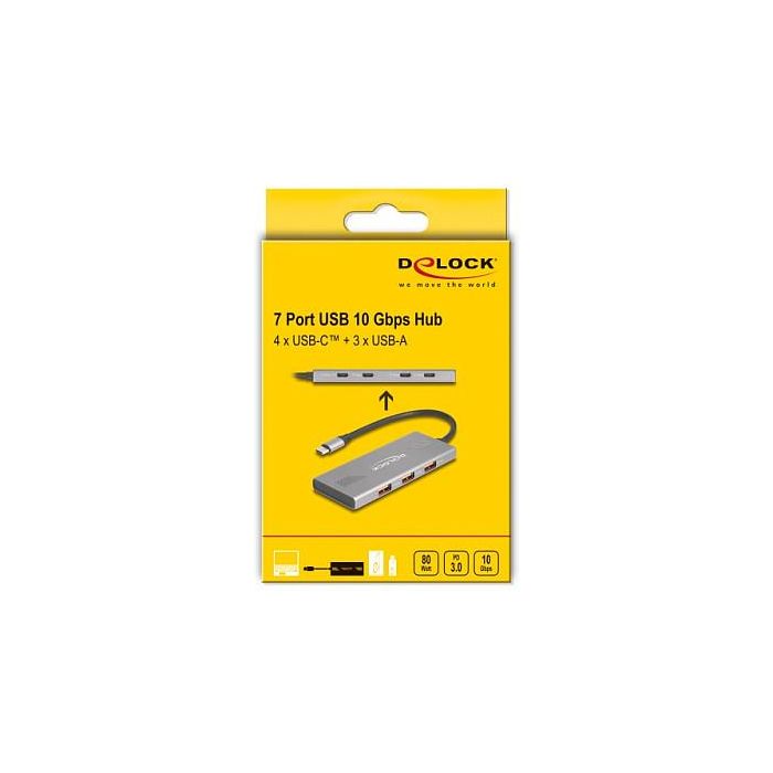 Delock 64313 - Hub USB 3.2 Gen 2 de 7 Puertos (4x USB-C, 3x USB-A), 10 Gbps, Power Delivery 80 W, Aluminio Gris 2